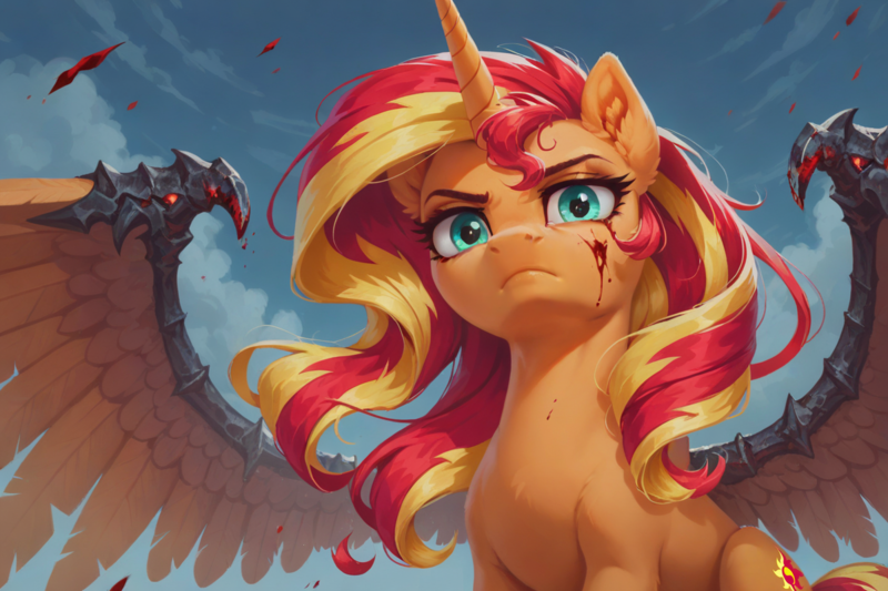 Size: 1200x800 | Tagged: prompter needed, source needed, semi-grimdark, ai content, derpibooru import, machine learning generated, stable diffusion, sunset shimmer, alicorn, pony, alicornified, armor, armored pony, blood, g4, generator:pony diffusion v6 xl, image, looking at you, png, race swap, shimmercorn, sky, wing armor, wings
