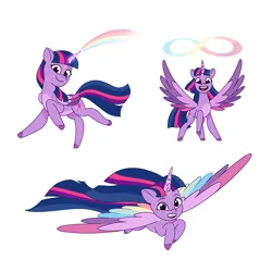 Size: 2048x2048 | Tagged: safe, artist:dazzle, derpibooru import, twilight sparkle, twilight sparkle (alicorn), alicorn, pony, g5, my little pony: tell your tale, colored wings, flowing mane, flying, g4, g4 to g5, generation leap, image, infinity symbol, looking at you, magic, multicolored wings, png, pose, rainbow wings, simple background, smiling, smiling at you, white background, wings