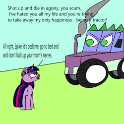 Size: 1500x1500 | Tagged: suggestive, artist:icycrymelon, derpibooru import, spike, twilight sparkle, dragon, pony, unicorn, dialogue, g4, hate, horn, image, png, smoke, spikes, swearing, tractor, vulgar, wheel