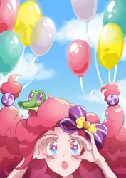 Size: 2480x3508 | Tagged: safe, artist:asayuuuu, derpibooru import, gummy, pinkie pie, alligator, human, :o, balloon, bow, cloud, hair bow, humanized, image, looking at you, open mouth, png, sky