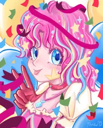 Size: 1640x2027 | Tagged: safe, artist:tata, derpibooru import, pinkie pie, human, balloon, blushing, bust, clothes, collar, confetti, dress, humanized, image, jewelry, looking at you, peace sign, pendant, png, portrait, solo, stars, tongue out