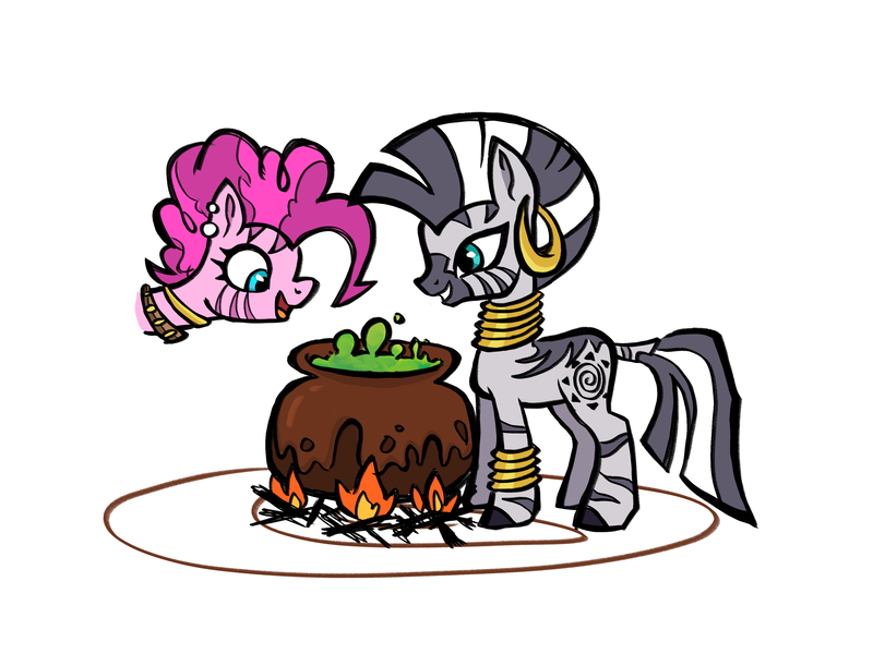 Size: 3464x2598 | Tagged: safe, artist:苍蝇擦擦, derpibooru import, pinkie pie, zecora, earth pony, pony, zebra, cauldron, female, fire, image, mare, png, simple background, stripes, white background