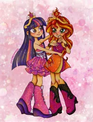 Size: 2055x2679 | Tagged: safe, artist:dariarchangel, derpibooru import, sunset shimmer, twilight sparkle, human, equestria girls, big crown thingy, blushing, boots, clothes, dress, duo, duo female, element of magic, female, g4, hug, humanized, image, jewelry, jpeg, lesbian, my little pony equestria girls: rainbow rocks, pink background, pink dress, regalia, shipping, shoes, simple background, skirt, smiling, sunsetsparkle