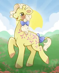 Size: 2169x2700 | Tagged: safe, artist:sparkytopia, derpibooru import, creamsicle (g1), giraffe, g1, bow, creamsicle, female, hair bow, image, png, pony friends, raised hoof, raised hooves, smiling, solo