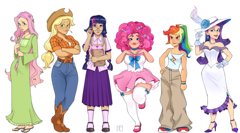 Size: 3600x2000 | Tagged: safe, artist:kavli-kaffel, derpibooru import, applejack, fluttershy, pinkie pie, rainbow dash, rarity, twilight sparkle, human, alternate hairstyle, applejack's hat, beauty mark, belt, book, boots, cargo pants, choker, chubby, clothes, cowboy boots, cowboy hat, curvy, diverse body types, dress, ear piercing, earring, eyeshadow, face tattoo, feather, feet, female, fit, freckles, glasses, gloves, grin, hat, height difference, high heels, hourglass figure, humanized, image, jewelry, lipstick, makeup, mane six, midriff, muscles, pants, physique difference, piercing, png, ponytail, sandals, shirt, shoes, simple background, size difference, skirt, slender, smiling, sneakers, socks, stockings, straw in mouth, sun hat, sweater vest, tanktop, tattoo, thigh highs, thin, transparent background