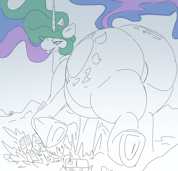 Size: 1112x1069 | Tagged: questionable, artist:fanofblimp, derpibooru import, princess celestia, pony, butt, city, destruction, female, giant pony, giantess, growth, huge butt, image, impossibly large butt, large butt, macro, mare, png, sketch, stomping, sunbutt