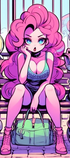 Size: 456x1020 | Tagged: suggestive, ai content, derpibooru import, machine learning generated, pinkie pie, human, equestria girls, bag, bench, big breasts, breasts, busty pinkie pie, choker, cleavage, clothes, collar, complaining, covering, covering crotch, female, g4, handbag, holding, humanized, image, jpeg, long hair, looking at you, open mouth, park bench, prompter:horselover fat, purse, sexy, shoes, shorts, sitting, solo, stupid sexy pinkie, tanktop