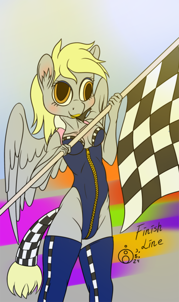 Size: 712x1200 | Tagged: suggestive, artist:sepiakeys, derpibooru import, derpy hooves, anthro, pegasus, checkered flag, clothes, female, grid girl, image, leotard, lipstick, png, solo, solo female, tail, tail wrap, zipper