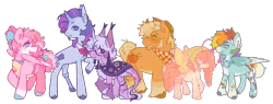 Size: 2048x782 | Tagged: safe, artist:puwupy, derpibooru import, applejack, fluttershy, pinkie pie, rainbow dash, rarity, twilight sparkle, alicorn, earth pony, flutter pony, pegasus, unicorn, alternate design, alternate hairstyle, amputee, apron, arm fluff, bandage, beauty mark, cloak, clothes, cloven hooves, ear fluff, ear piercing, ear tufts, earring, folded wings, gauges, horn, image, jewelry, kerchief, leonine tail, mane six, pegasus pinkie pie, piercing, png, race swap, raised hoof, redesign, simple background, tail, transparent background, twitterina design, unshorn fetlocks, wings