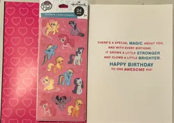 Size: 2868x2034 | Tagged: safe, derpibooru import, applejack, fluttershy, pinkie pie, rainbow dash, rarity, twilight sparkle, birthday card, female, females only, g4, greeting, image, interior, jpeg, mane six, message, my little pony logo