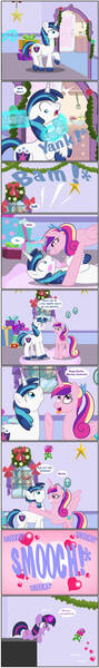 Size: 344x2321 | Tagged: safe, artist:bbbhuey, derpibooru import, princess cadance, shining armor, twilight sparkle, comic, g4, image, jpeg, kissing, mistletoe, parody, pixar, reference, toy story