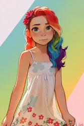 Size: 683x1024 | Tagged: prompter needed, safe, ai content, machine learning generated, rainbow dash, human, abstract background, blushing, child, clothes, cute, dashabetes, female, flower, flower in hair, freckles, humanized, image, jpeg, looking at you, skirt, solo, younger
