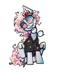 Size: 2513x3105 | Tagged: safe, artist:jehr, derpibooru import, oc, unofficial characters only, pony, bow, clothes, commission, curly hair, eyelashes, glass, glasses, grey body, image, looking at you, mouth hold, one ear down, pink eyes, pink hair, png, ponytail, shirt, simple background, sitting, smiling, smiling at you, stars, t-shirt, teeth, underhoof, white background