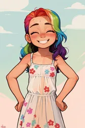 Size: 683x1024 | Tagged: prompter needed, safe, ai content, machine learning generated, rainbow dash, human, blushing, child, clothes, cloud, cute, dashabetes, dress, eyes closed, female, freckles, grin, hand on hip, humanized, image, jpeg, sky, smiling, solo, sundress, teeth, younger