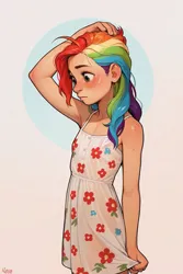 Size: 683x1024 | Tagged: prompter needed, safe, ai content, machine learning generated, rainbow dash, human, abstract background, blushing, child, clothes, dress, female, grabbing, hand on head, humanized, image, jpeg, skirt, solo, sundress, younger