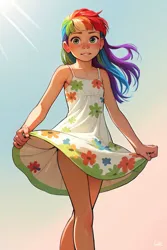 Size: 683x1024 | Tagged: prompter needed, safe, ai content, machine learning generated, rainbow dash, human, blushing, child, clothes, dress, female, freckles, grabbing, grin, humanized, image, jpeg, looking at you, pulling, skirt, skirt lift, sky, smiling, solo, sundress, sunlight, younger
