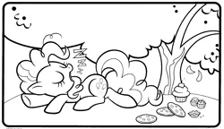 Size: 1877x1081 | Tagged: safe, derpibooru import, official, pinkie pie, earth pony, pony, black and white, candy, chocolate, coloring book, coloring page, cookie, cupcake, eyes closed, female, food, g4, grayscale, image, lying down, mare, monochrome, onomatopoeia, open mouth, outdoors, png, sleeping, snoring, solo, sound effects, stock vector, tree, zzz