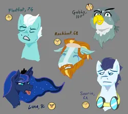Size: 3300x2925 | Tagged: safe, artist:sud-scribbles, derpibooru import, fleetfoot, gabby, princess luna, rockhoof, soarin', alicorn, earth pony, gryphon, pegasus, pony, crying, expression challange, eyes closed, female, floppy ears, g4, goggles, goggles around neck, gritted teeth, horn, image, jewelry, jpeg, male, mare, open mouth, sad, stallion, teeth, tiara, tongue out, unamused