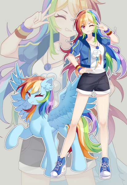 Size: 4145x6031 | Tagged: safe, artist:alus, derpibooru import, rainbow dash, human, pegasus, pony, equestria girls, backwards cutie mark, clothes, converse, cute, ear fluff, female, g4, grin, hoodie, human coloration, human ponidox, humanized, image, one eye closed, peace sign, png, self paradox, self ponidox, shoes, shorts, smiling, tomboy, wink, zoom layer