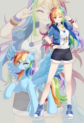 Size: 4145x6031 | Tagged: safe, artist:alus, derpibooru import, rainbow dash, human, pegasus, pony, equestria girls, backwards cutie mark, clothes, converse, cute, ear fluff, female, g4, grin, hoodie, human coloration, human ponidox, humanized, image, one eye closed, peace sign, png, self paradox, self ponidox, shoes, shorts, smiling, tomboy, wink, zoom layer