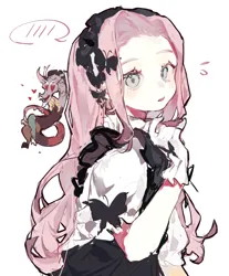 Size: 1732x2092 | Tagged: safe, artist:mengtunshaojing, derpibooru import, discord, fluttershy, draconequus, human, apron, blushing, clothes, gloves, heart, heart eyes, humanized, image, jpeg, maid, shirt, simple background, tiny discord, white background, wingding eyes