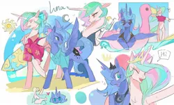 Size: 1654x1000 | Tagged: safe, artist:lili207884, derpibooru import, princess celestia, princess luna, alicorn, pony, beach, bikini, clothes, drink, female, image, inflatable toy, jpeg, mare, royal sisters, shirt, siblings, sisters, speech bubble, sun, surfboard, swimsuit, text, vacation