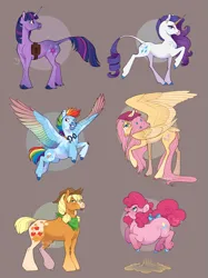 Size: 1535x2048 | Tagged: safe, artist:solkatt-arts, derpibooru import, applejack, fluttershy, pinkie pie, rainbow dash, rarity, twilight sparkle, classical unicorn, earth pony, pegasus, pony, unicorn, alternate design, bow, brown background, cloven hooves, colored wings, female, flower, flower in hair, goggles, goggles around neck, horn, image, large wings, leonine tail, mane six, mare, multicolored wings, png, pronking, rainbow wings, simple background, standing on two hooves, tail, tail bow, twitterina design, unicorn twilight, unshorn fetlocks, wings