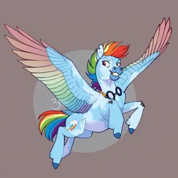 Size: 997x997 | Tagged: safe, artist:solkatt-arts, derpibooru import, rainbow dash, pegasus, pony, alternate design, brown background, colored wings, female, flying, goggles, goggles around neck, grin, image, jpeg, mare, multicolored wings, rainbow wings, simple background, smiling, solo, spread wings, twitterina design, wings