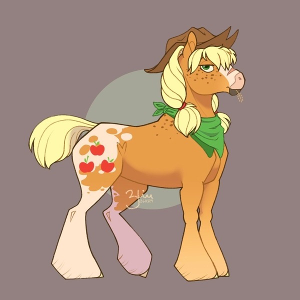 Size: 973x973 | Tagged: safe, artist:solkatt-arts, derpibooru import, applejack, earth pony, pony, alternate design, bandana, brown background, female, image, jpeg, mare, simple background, solo, straw in mouth, twitterina design