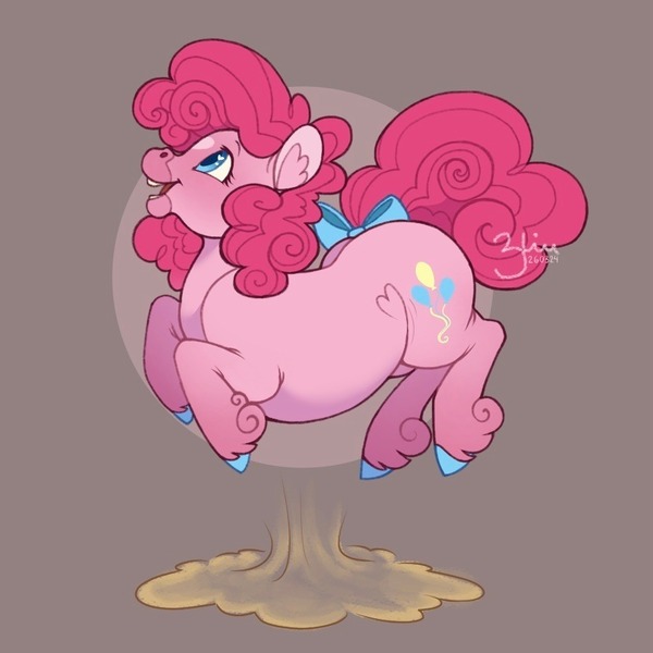 Size: 886x886 | Tagged: safe, artist:solkatt-arts, derpibooru import, pinkie pie, earth pony, pony, alternate design, bow, brown background, chubby, colored hooves, dust cloud, female, image, jpeg, mare, open mouth, open smile, pronking, simple background, smiling, solo, tail, tail bow, twitterina design, unshorn fetlocks