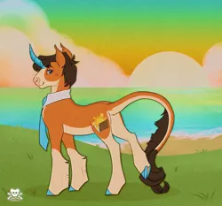 Size: 1310x1220 | Tagged: safe, artist:wolfs42, derpibooru import, oc, oc:sol sunset, classical unicorn, pony, unicorn, beach, butt, clothes, cloven hooves, colored hooves, colored horn, cutie mark, detailed background, gift art, horn, image, leonine tail, male, necktie, plot, png, retro, solo, stallion, tail, unicorn oc, unshorn fetlocks
