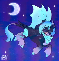 Size: 1404x1450 | Tagged: safe, artist:wolfs42, derpibooru import, oc, oc:veve, bat pony, pony, bat pony oc, bat wings, clothes, colored hooves, crescent moon, ear piercing, female, freckles, gift art, handkerchief, image, leonine tail, mare, moon, night, night sky, piercing, png, retro, sky, tail, tail feathers, unshorn fetlocks, wings