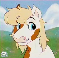 Size: 780x767 | Tagged: safe, artist:wolfs42, derpibooru import, oc, oc:warhawk, earth pony, pony, bust, earth pony oc, eyebrows, eyebrows visible through hair, image, looking at you, male, meadow, png, retro, stallion