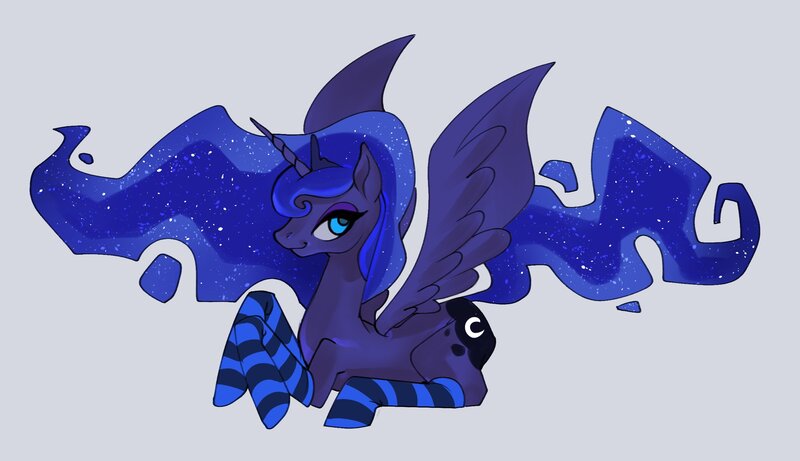 Size: 2500x1441 | Tagged: safe, artist:vradurenu, derpibooru import, princess luna, alicorn, pony, clothes, eyeshadow, female, gray background, image, jpeg, lying down, makeup, mare, prone, simple background, socks, solo, striped socks