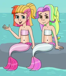 Size: 882x1008 | Tagged: safe, artist:ocean lover, derpibooru import, coconut cream, toola roola, human, mermaid, bandeau, bare shoulders, beach, belly, belly button, best friends, boulder, child, children, duo, duo female, female, fins, fish tail, golden eyes, hairpin, happy, human coloration, humanized, image, innocent, light skin, long hair, looking at you, mermaid tail, mermaidized, mermay, midriff, ms paint, multicolored hair, ocean, open mouth, outdoors, png, rock, sitting, sky, sleeveless, smiling, smiling at you, species swap, tail, tail fin, teal eyes, water, wave