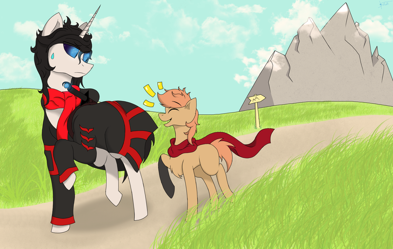 Size: 3000x1900 | Tagged: safe, artist:anix_space, derpibooru import, oc, oc:anix, oc:himmel, unofficial characters only, earth pony, pony, unicorn, clothes, foal, glow, glowing eyes, horn, image, png, scarf
