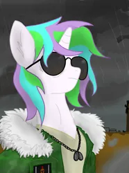 Size: 1521x2048 | Tagged: safe, artist:minecake, derpibooru import, oc, oc:cake sparkle, unofficial characters only, pony, unicorn, boot camp, bust, clothes, cloud, cloudy, dog tags, female, flag, horn, image, jacket, military uniform, older, overcast, png, portrait, rain, solo, solo female, sunglasses, uniform
