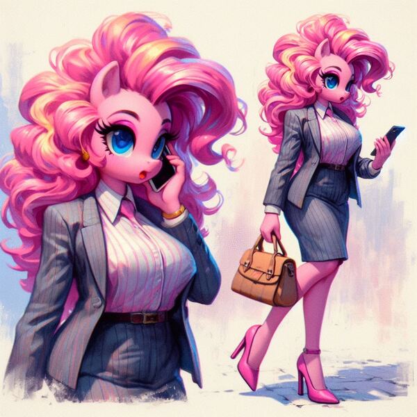 Size: 1024x1024 | Tagged: safe, ai content, derpibooru import, machine learning generated, pinkie pie, anthro, earth pony, adorasexy, bag, beautiful, big breasts, breasts, business suit, businessmare, busty pinkie pie, button-up shirt, clothes, cute, female, g4, handbag, high heels, image, jpeg, mobile phone, office lady, open mouth, phone, prompter:horselover fat, purse, sexy, shirt, shoes, simple background, solo, talking on phone, walking