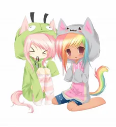 Size: 1080x1183 | Tagged: safe, artist:bonnybel_, derpibooru import, fluttershy, rainbow dash, human, antonymph, chibi, female, flutterdash, gir, humanized, image, invader zim, jpeg, lesbian, nyan cat, shipping, vylet pony