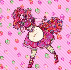 Size: 1650x1625 | Tagged: safe, artist:anaeeve, derpibooru import, pinkie pie, equestria girls, :p, abstract background, apron, clothes, cupcake, dress, food, g4, image, one eye closed, png, ponied up, shoes, smiling, solo, tongue out, wink