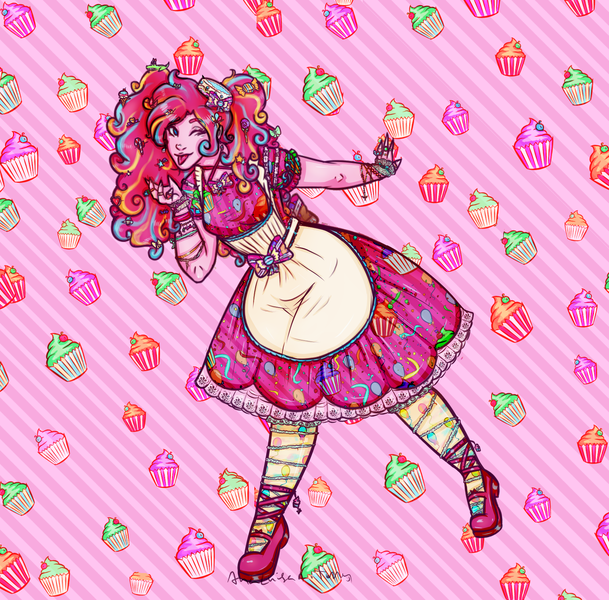 Size: 1650x1625 | Tagged: safe, alternate version, artist:anaeeve, derpibooru import, pinkie pie, equestria girls, :p, abstract background, apron, clothes, cupcake, dress, food, g4, image, one eye closed, png, shoes, smiling, solo, tongue out, wink