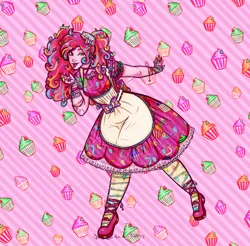 Size: 1650x1625 | Tagged: safe, alternate version, artist:anaeeve, derpibooru import, pinkie pie, equestria girls, :p, abstract background, apron, clothes, cupcake, dress, food, g4, image, one eye closed, png, shoes, smiling, solo, tongue out, wink