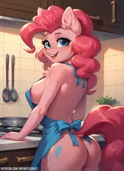 Size: 1280x1766 | Tagged: suggestive, ai content, machine learning generated, prompter:infinitesunset, pinkie pie, anthro, earth pony, apron, ass, back, balloonbutt, breasts, busty pinkie pie, butt, chest fluff, clothes, female, g4, image, kitchen, looking at you, looking back, looking back at you, naked apron, nudity, open mouth, open smile, partial nudity, png, sexy, shoulder fluff, sideboob, smiling, solo, stupid sexy pinkie