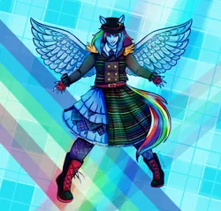 Size: 1700x1625 | Tagged: safe, artist:anaeeve, derpibooru import, rainbow dash, equestria girls, abstract background, boots, clothes, dress, fingerless gloves, g4, gloves, hat, image, png, ponied up, shoes, smiling, solo, spread wings, wings