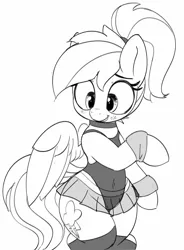 Size: 1997x2714 | Tagged: safe, artist:pabbley, derpibooru import, rainbow dash, pegasus, pony, alternate hairstyle, bipedal, black and white, blush lines, blushing, choker, clothes, female, grayscale, high res, hockless socks, image, leotard, looking down, mare, monochrome, png, ponytail, see-through, simple background, skirt, smiling, socks, solo, stockings, thigh highs, white background, wide hips, wristband
