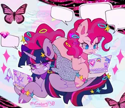 Size: 2136x1835 | Tagged: safe, artist:emoboy130, derpibooru import, pinkie pie, twilight sparkle, twilight sparkle (alicorn), alicorn, butterfly, earth pony, insect, pony, 3ds, :3, abstract background, alternate accessories, bandaid, big ears, blue eyes, bracelet, chest fluff, colored, colored hooves, colored pinnae, curly mane, curly tail, diamond, duo, duo female, ear fluff, ear piercing, earring, emanata, eye clipping through hair, eyebrows, eyebrows visible through hair, female, folded wings, g4, glitter, hair accessory, hairclip, holding, horn, image, jewelry, jpeg, large wings, leopard print, lidded eyes, long mane, long tail, looking at someone, looking at something, lying down, mane accessory, mouth hold, multicolored mane, multicolored tail, nintendo ds, open mouth, outline, piercing, pillow, pink coat, pink hooves, pink mane, pink tail, prone, purple coat, purple eyes, purple hooves, shiny eyes, shiny hooves, signature, sparkles, speech bubble, straight mane, straight tail, stylus, tail, tail accessory, tail clip, talking, text, tiger print, unicorn horn, wall of tags, wing fluff, wings, zoom layer