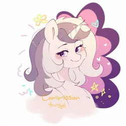 Size: 2048x2048 | Tagged: safe, artist:mikkybun, derpibooru import, oc, unofficial characters only, pony, unicorn, bust, commission, female, heart, horn, image, jpeg, lidded eyes, mare, simple background, smiling, solo, stars, white background