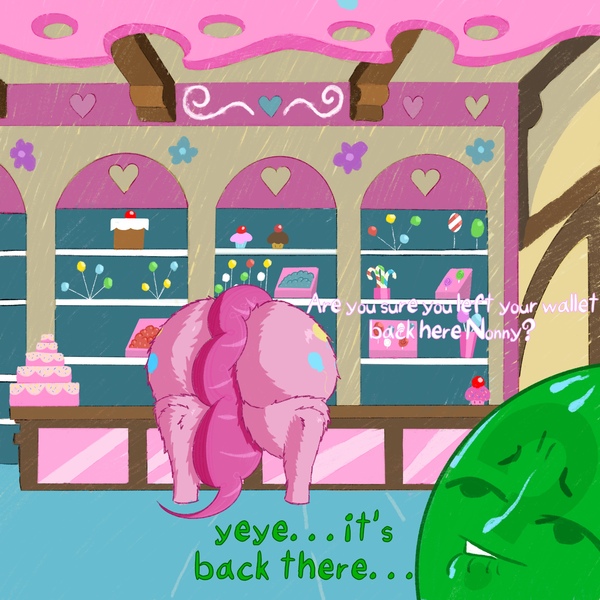 Size: 3000x3000 | Tagged: suggestive, artist:boneappleteeth, ponerpics import, pinkie pie, oc, oc:anon, balloonbutt, butt, fluffy, huge butt, image, jpeg, large butt, sugarcube corner, sweat, sweatdrop