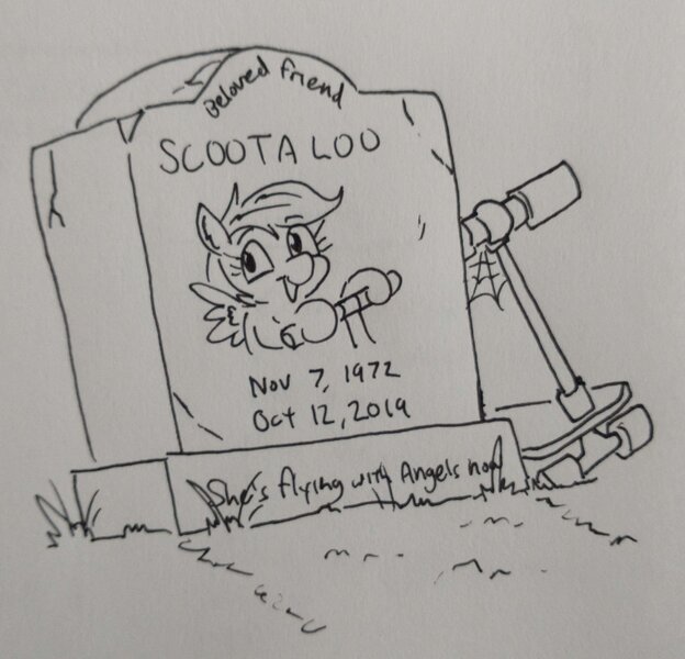 Size: 3062x2943 | Tagged: safe, artist:jargon scott, derpibooru import, scootaloo, pegasus, pony, dead, gravestone, grayscale, high res, image, implied death, jpeg, monochrome, scooter, smiling friends, text, traditional art