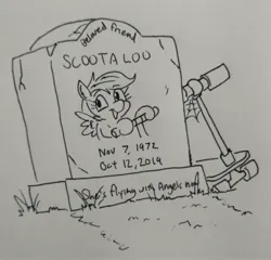 Size: 3062x2943 | Tagged: safe, artist:jargon scott, derpibooru import, scootaloo, pegasus, pony, dead, gravestone, grayscale, high res, image, implied death, jpeg, monochrome, scooter, smiling friends, text, traditional art